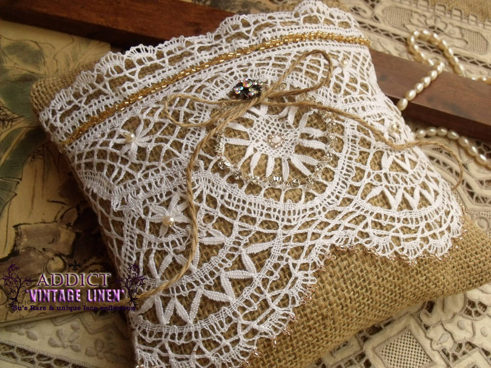 Bead Wedding Ring Bearer Pillow Unique Antique Lace White~shabby~stunning~burlap
